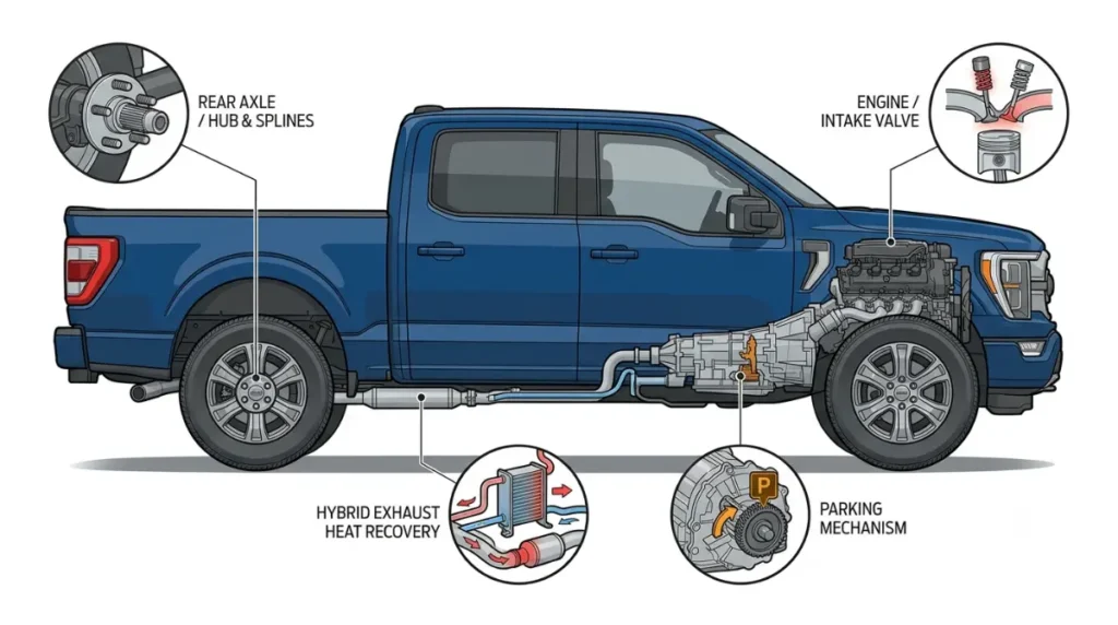 2021–2026 Ford F-150 Problem component map showing axle, intake valve, Park system, and hybrid issues