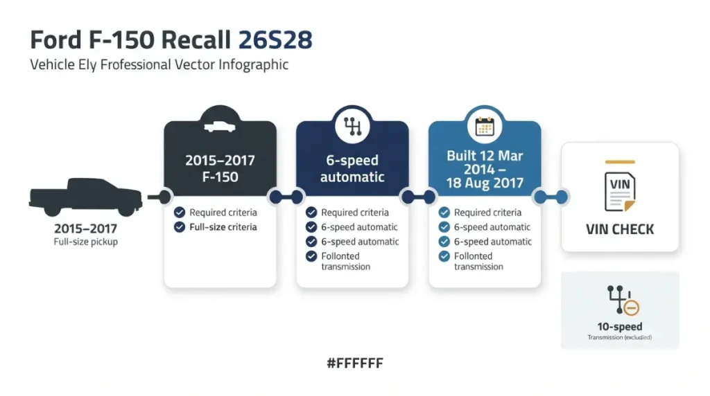 26S28 Recall eligibility for F-150 based on model year, 6-speed transmission, build date and VIN