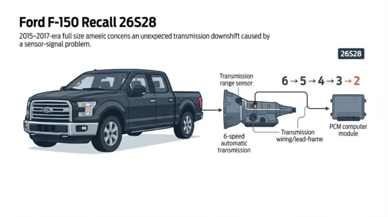 26S28 Recall showing a 2015–2017 F-150 and unexpected transmission downshift into second gear