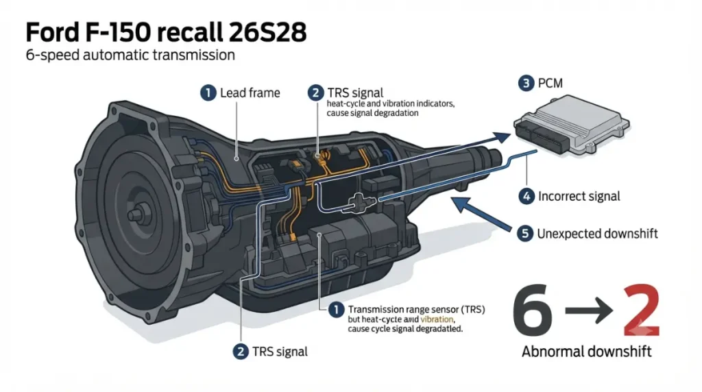 26S28 Recall lead frame and TRS signal diagram showing how an F-150 can downshift into second gear