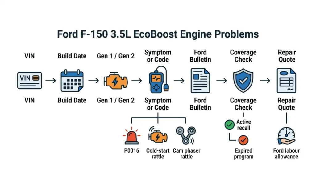 EcoBoost Problem diagnostic flow from VIN and build date to Ford bulletin, coverage and repair quote