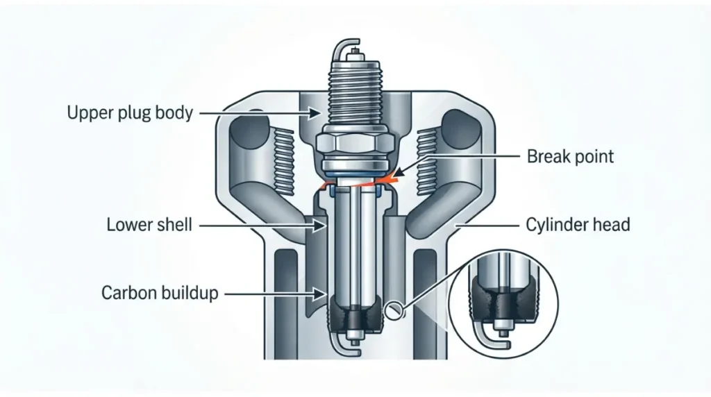 5.4 two-piece spark plug showing carbon buildup and lower shell break point