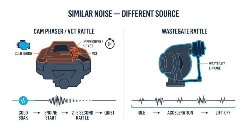 cam phaser cold-start rattle versus wastegate operating-condition rattle