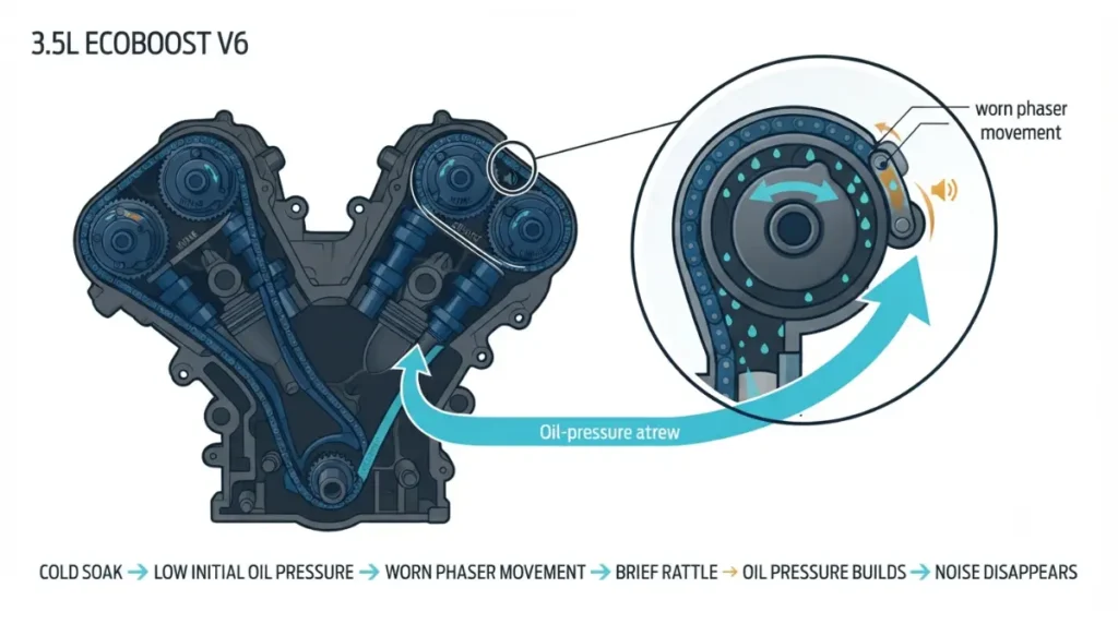 Expedition cam phaser cold start rattle mechanism illustration