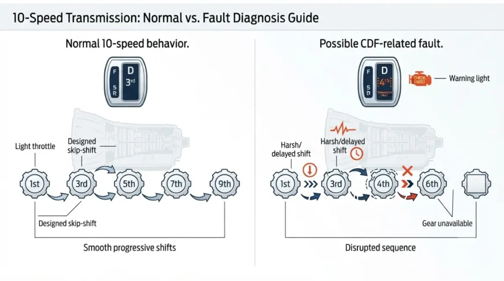 F-150 10-speed Gears showing normal skip-shifting versus abnormal lost Gears