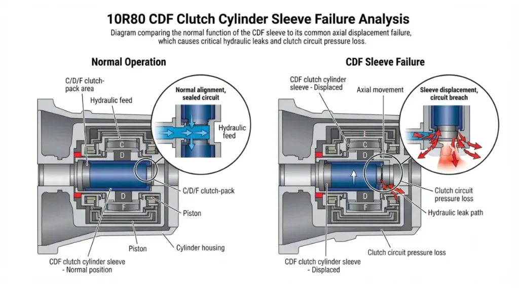 F-150 10R80 CDF sleeve movement causing hydraulic leakage and lost Gears