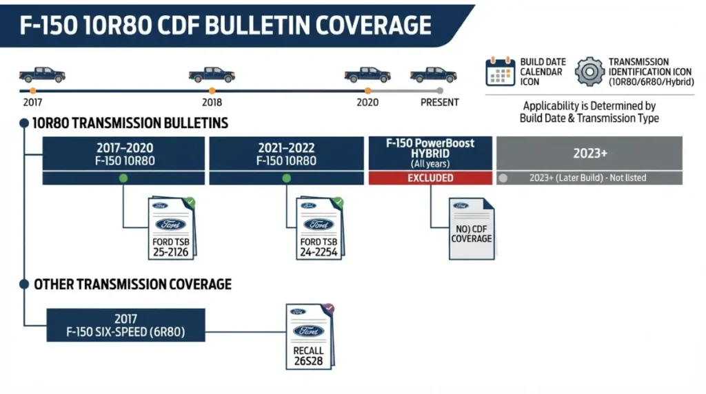 Repair and CDF bulletin coverage by F-150 build date and transmission