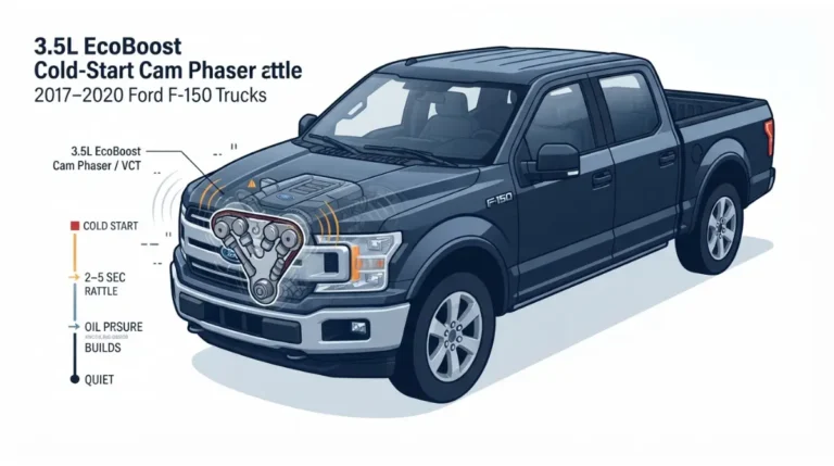 3.5L EcoBoost F-150 cold start cam phaser rattle shown in a technical engine illustration