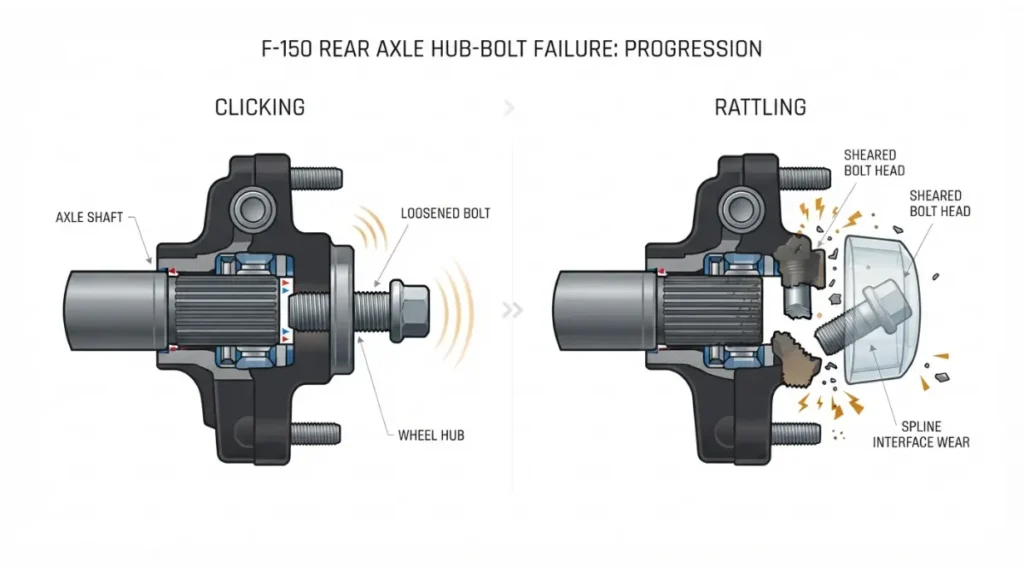 F-150 axle hub bolt clicking and rattling stages showing a loose and broken rear hub bolt