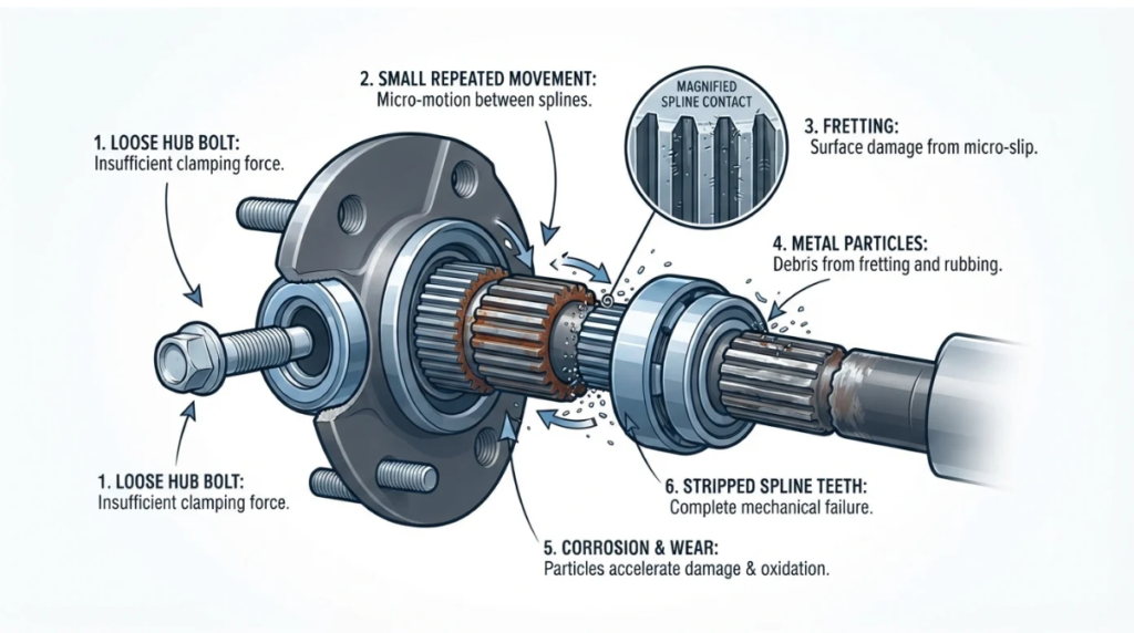F-150 axle hub spline fretting showing how a loose hub bolt can damage the axle splines