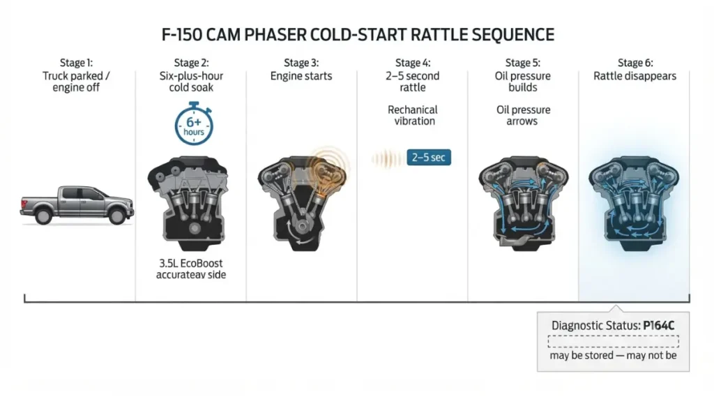cam phaser cold-soak test showing six-hour wait and 2–5 second startup rattle