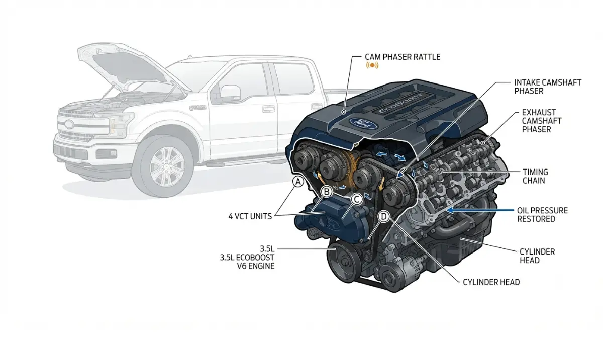 cam phaser cold-start rattle on 2017–2020 F-150 3.5L EcoBoost engine