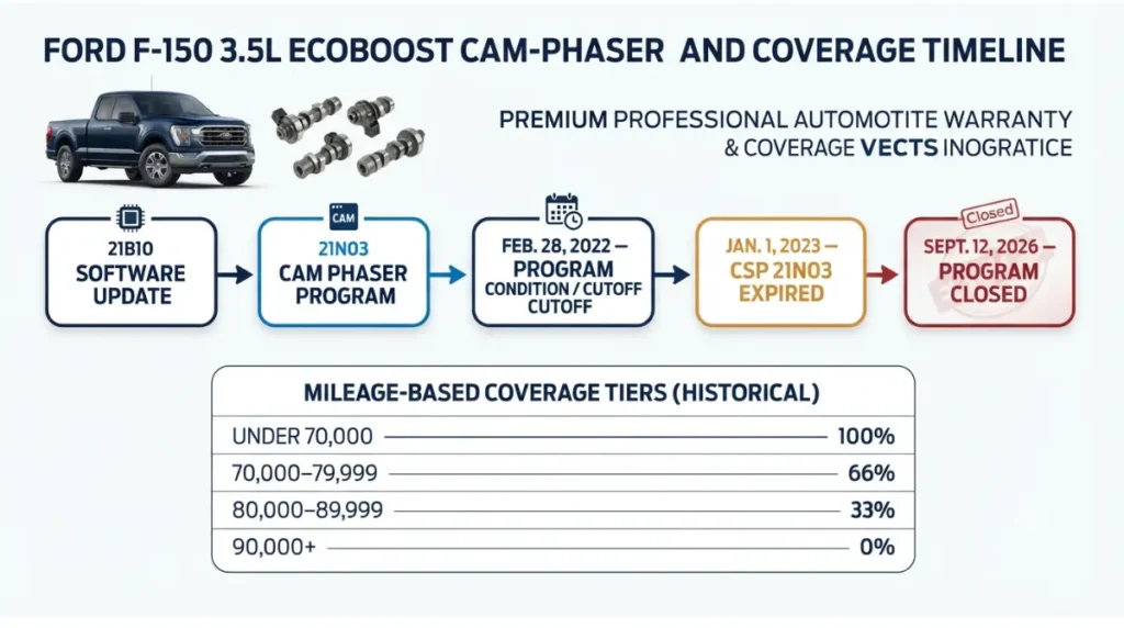 F-150 cold start cam phaser program timeline showing 21B10, 21N03 and coverage expiration