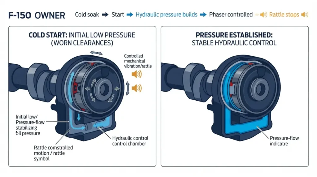F-150 cold start cam phaser diagram showing hydraulic control before and after oil pressure builds