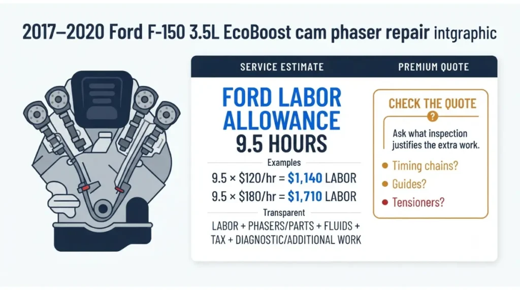 F-150 cold start cam phaser repair quote showing the 9.5-hour labor allowance and cost breakdown