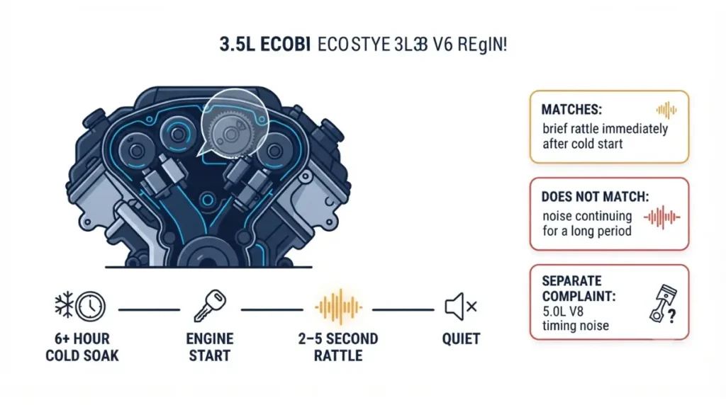 F-150 cold start rattle symptom guide showing a 2–5 second noise after a long cold soak