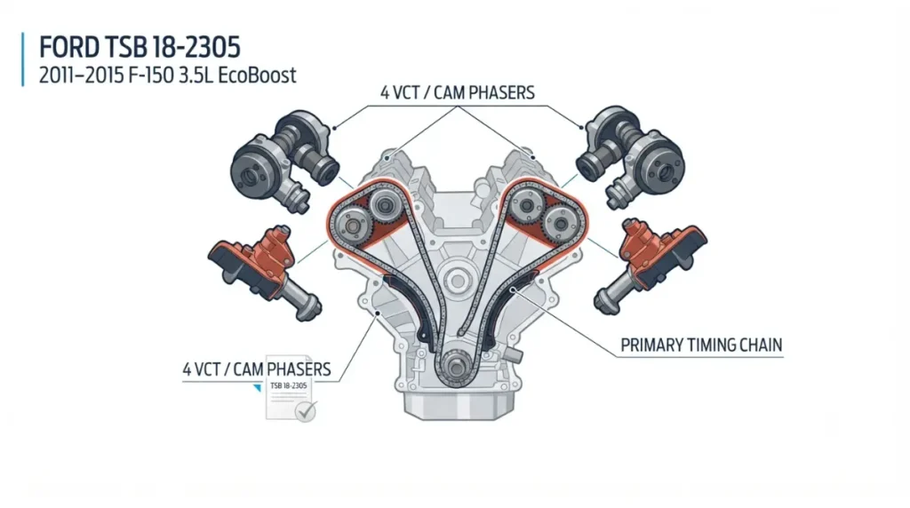 Rattle repair illustration showing four VCT cam phasers and the primary timing chain on a 3.5L EcoBoost