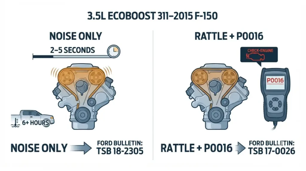 Rattle comparison showing 2–5 second cold-start noise versus F-150 EcoBoost rattle with P0016 check engine code
