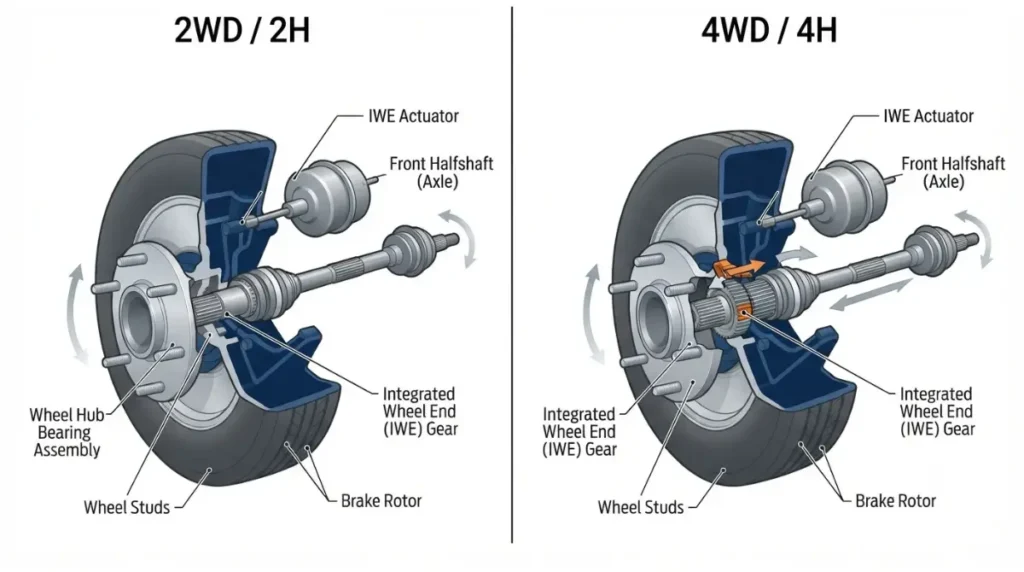 2WD F-150 IWE operation compared with 4WD front wheel engagement