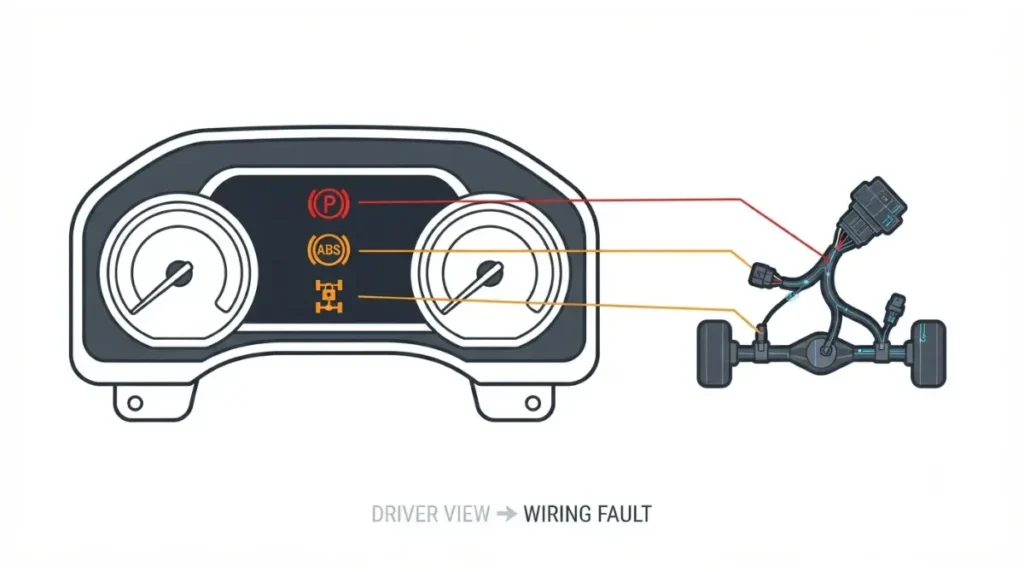 Parking Brake warning with ABS and electronic locking rear differential warnings on an F-150