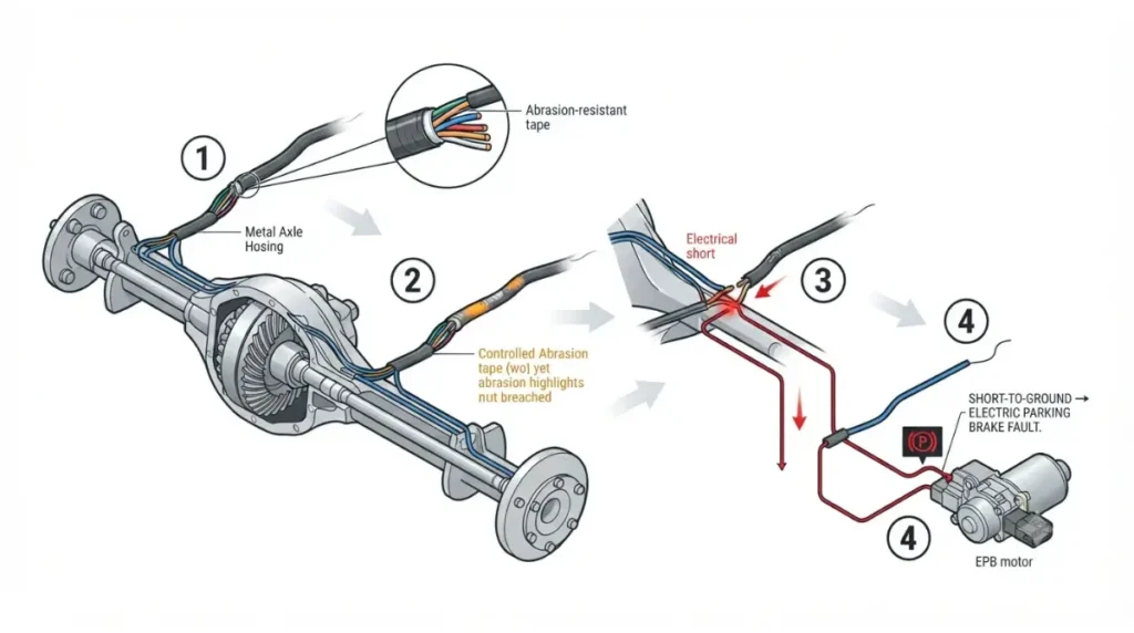 Parking Brake fault caused by F-150 rear axle wiring harness chafing and short to ground