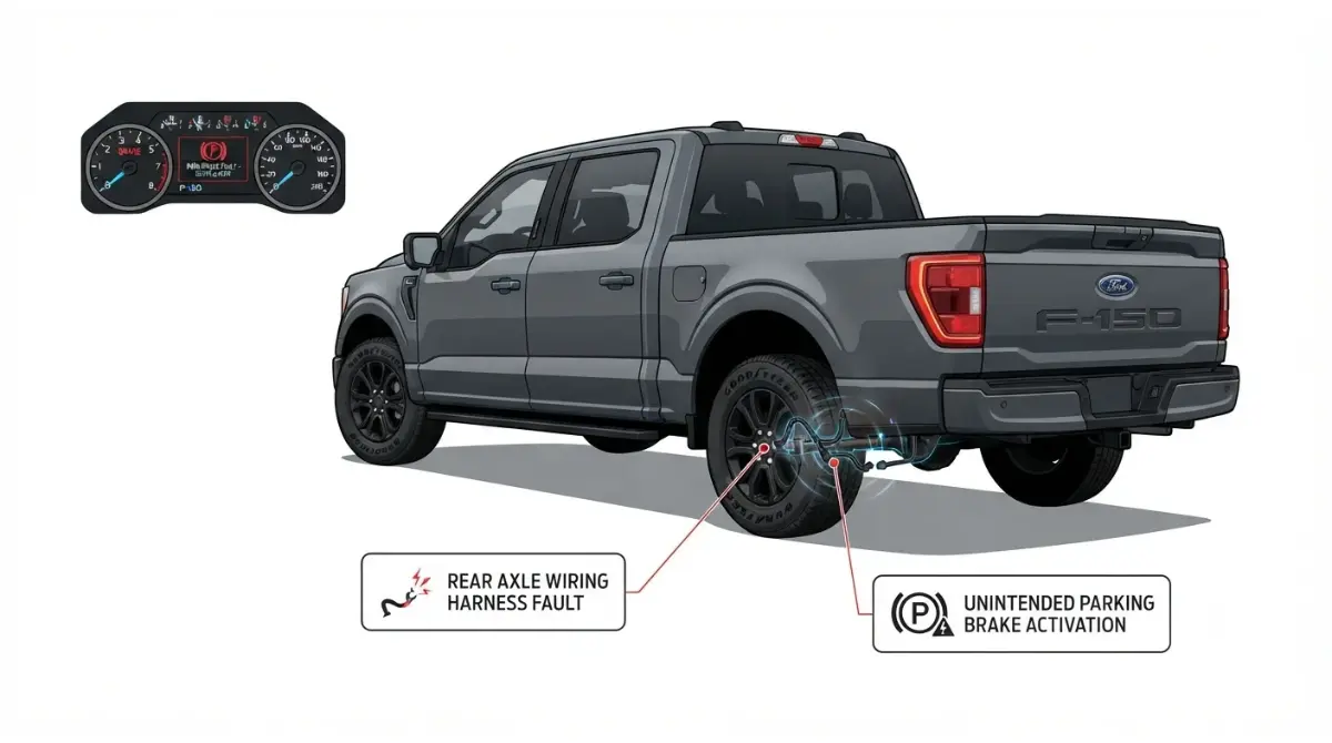 Parking Brake recall 23S35 showing an F-150 rear axle wiring harness fault
