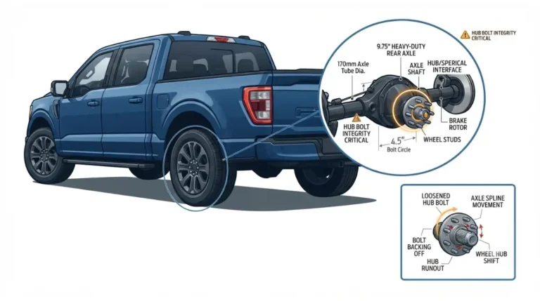 F-150 rear axle hub bolt recall showing the hub, axle shaft, and rear wheel assembly