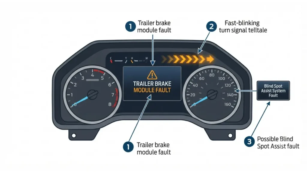 Trailer Brake fault dashboard message with fast-blinking turn signal and Blind Spot Assist warning