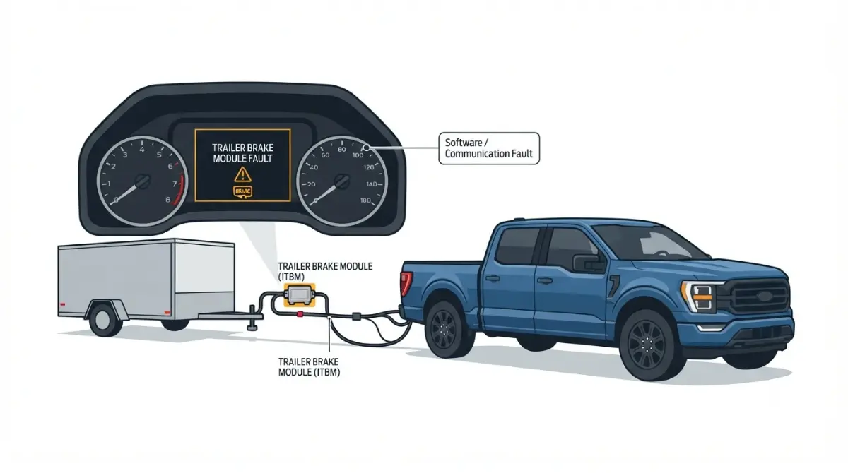 Trailer Brake module fault warning on Ford F-150 dashboard with connected trailer