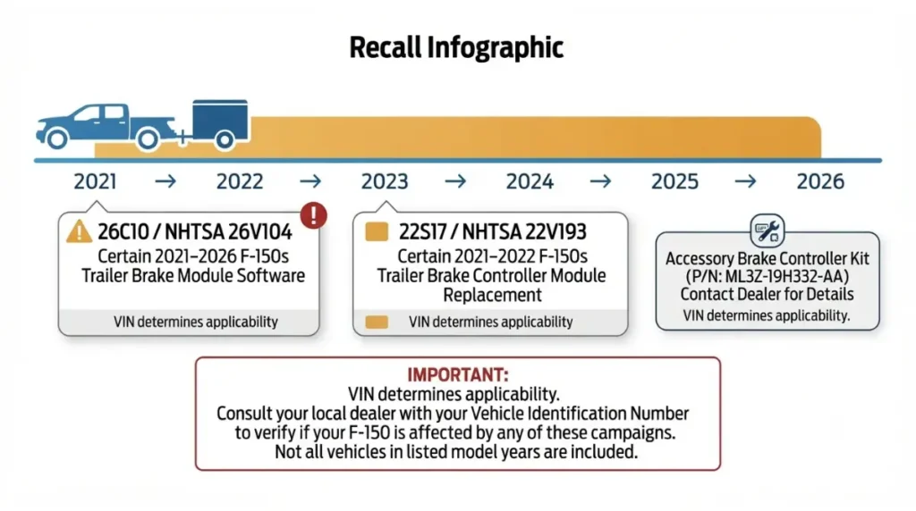 Trailer Brake recall coverage timeline for certain 2021-2026 Ford F-150 trucks