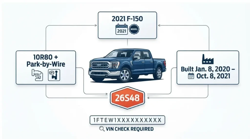 26S48 recall eligibility for 2021 Ford F-150 with 10R80 and park-by-wire