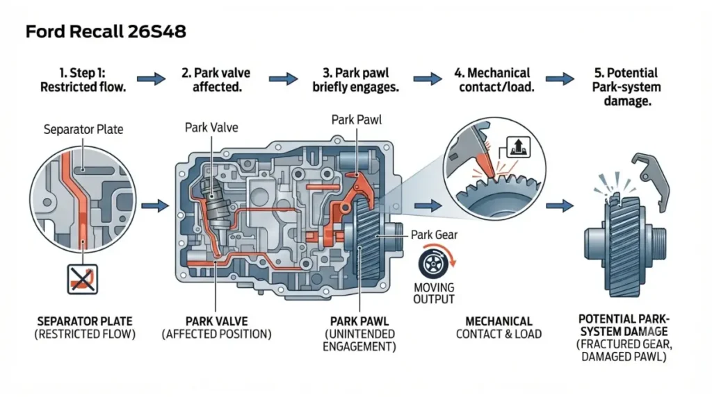26S48 park pawl damage mechanism in 2021 Ford F-150 transmission