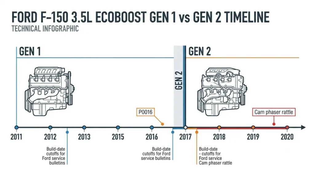 EcoBoost Problem timeline comparing Ford F-150 3.5L EcoBoost Gen 1 and Gen 2 by model year and build date