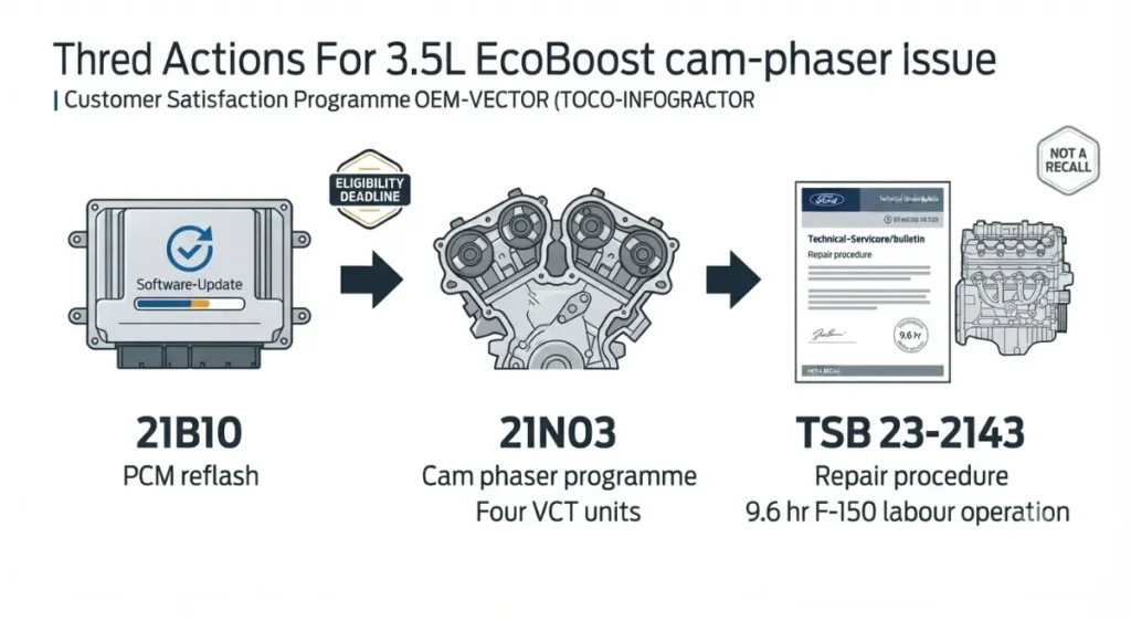 cam phaser Ford programme timeline showing 21B10, 21N03 and TSB 23-2143