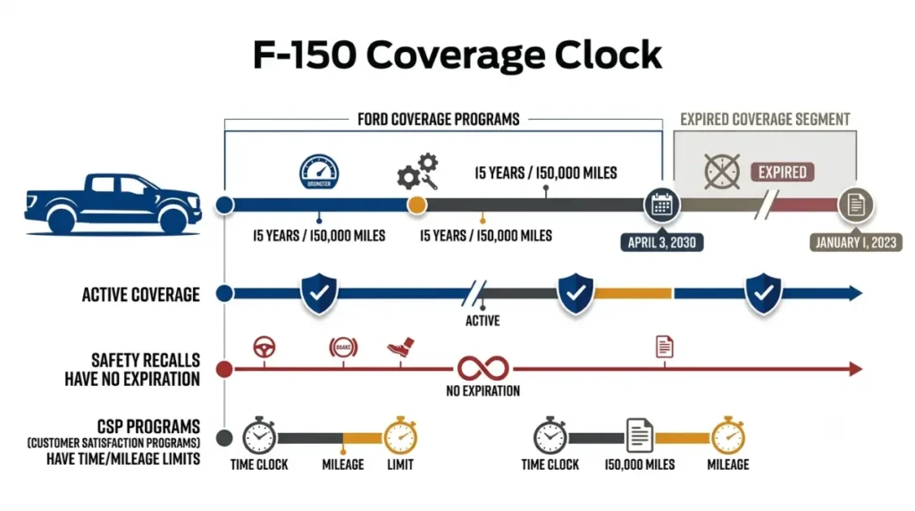 Ford F-150 Problem coverage timeline showing active recalls, warranty extensions, and expired programs
