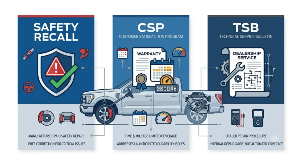 Ford F-150 Problem comparison showing safety recall, CSP warranty coverage, and TSB repair guidance