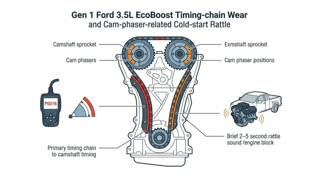 EcoBoost Problem showing Gen 1 3.5L EcoBoost P0016 timing chain wear and cold-start rattle