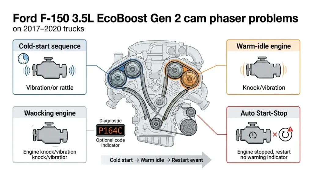 EcoBoost Problem showing Gen 2 3.5L EcoBoost cam phaser rattle, hot-idle knock and restart symptoms