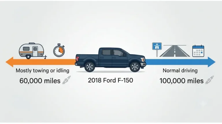 2018 Ford F-150 3.5 EcoBoost spark plug replacement interval comparison showing 60,000 miles for primarily towing or idling and 100,000 miles for normal use