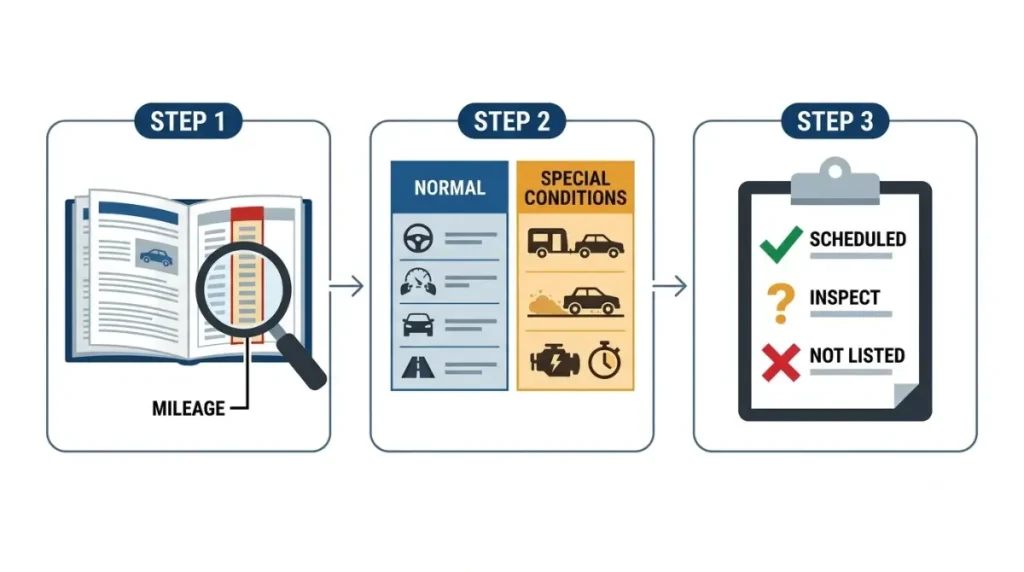 Three-step illustration for checking an Oil Change upsell against the vehicle’s normal and special-conditions maintenance schedule.