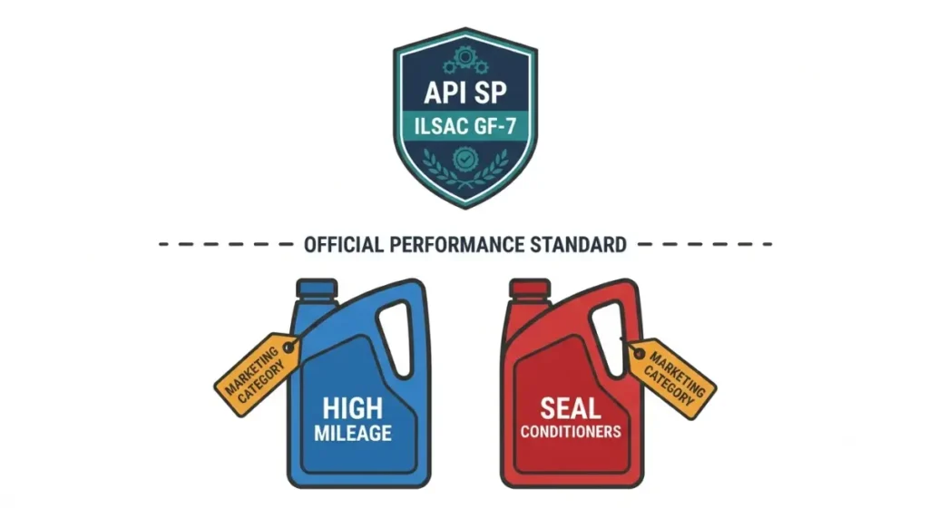 API oil categories versus high mileage oil mile label showing official certification and marketing classification