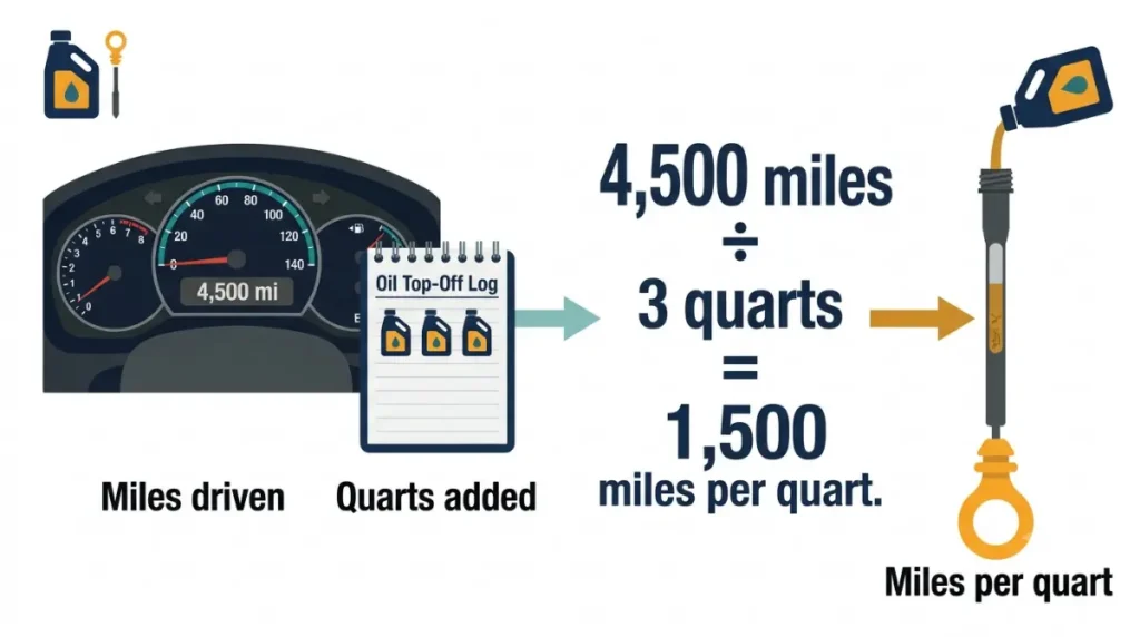 Burning oil calculation showing 4,500 miles divided by 3 quarts equals 1,500 miles per quart.