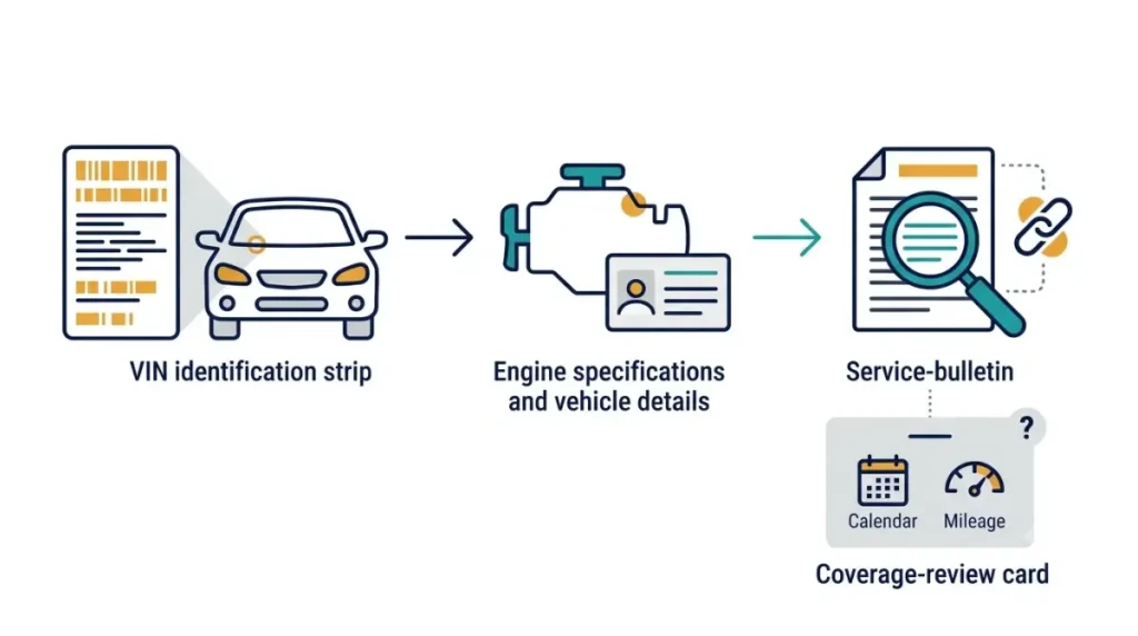 “Dealer bulletin-check diagram linking vehicle identification and engine details to a service bulletin, with coverage reviewed separately.”