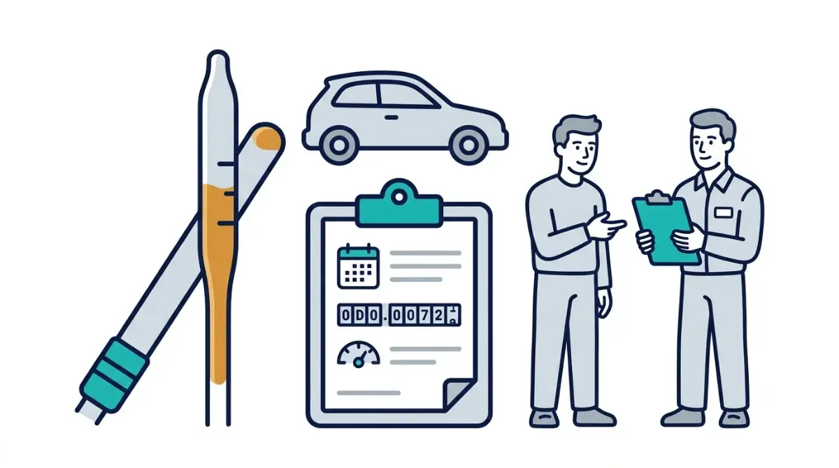“Dealer service adviser and vehicle owner reviewing an oil-consumption repair order beside an enlarged dipstick.”