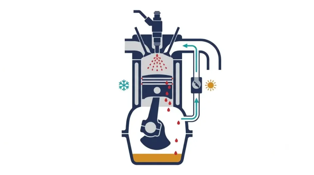 Oil Level can rise in a direct-injection engine when fuel passes piston rings into the oil, shown in a vector cutaway diagram.