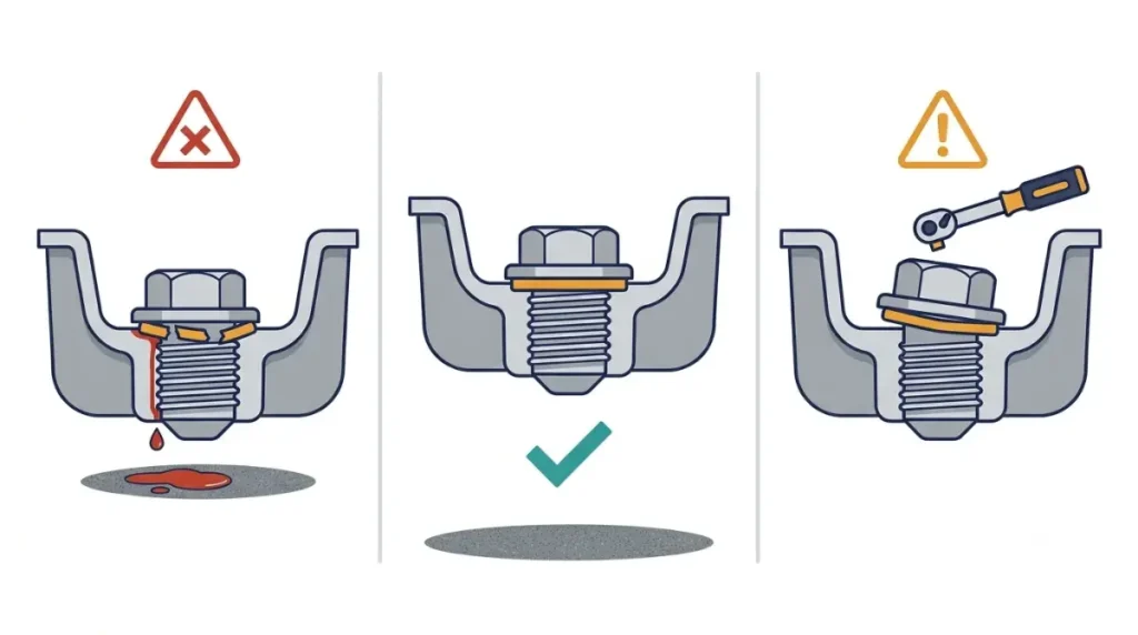 Oil Leak at the drain plug: cutaway vector illustration comparing a sealed plug with leaks from a worn washer or incorrect tightening.