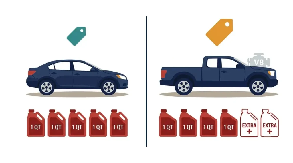 Oil Change Cost comparison vector showing a sedan using five quarts and a pickup truck requiring extra quarts beyond a standard package.