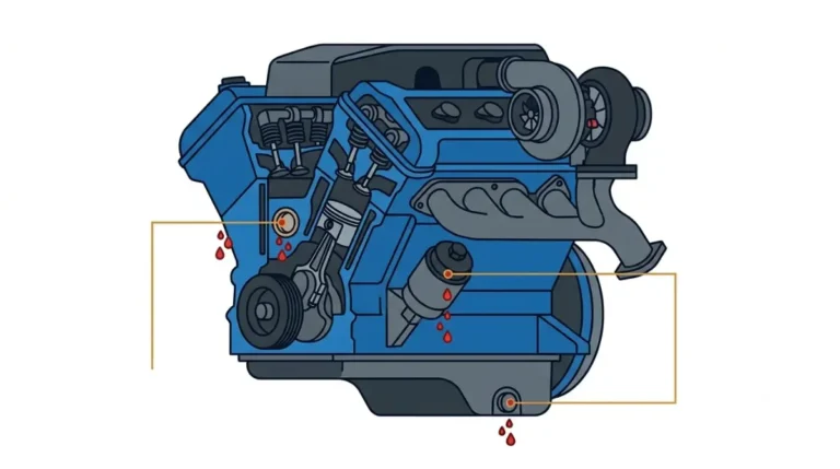 Vector illustration of engine oil leak points covered by Ford, Jaguar, and Land Rover Recalls