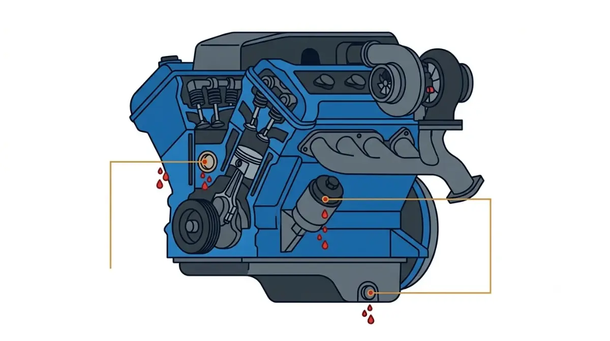 Vector illustration of engine oil leak points covered by Ford, Jaguar, and Land Rover Recalls