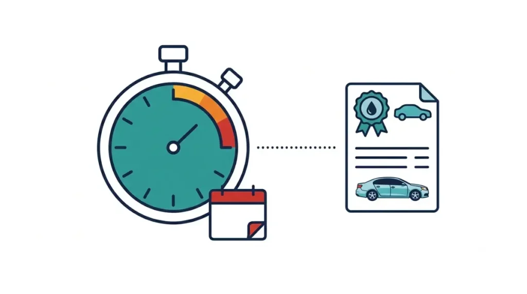Engine repair warranty from an oil change shop, represented by a short warranty window connected to a service invoice and expiring deadline.